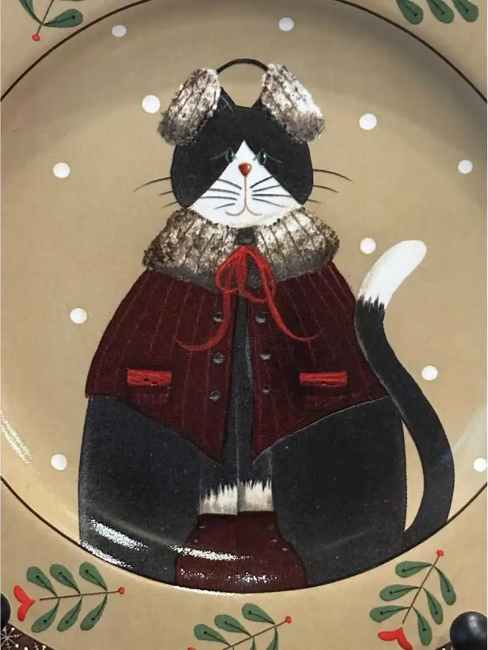 Vintage Oneida Sakura Fiddlestix Holiday Cat w/ Earmuffs Salad Plate - Set of 2